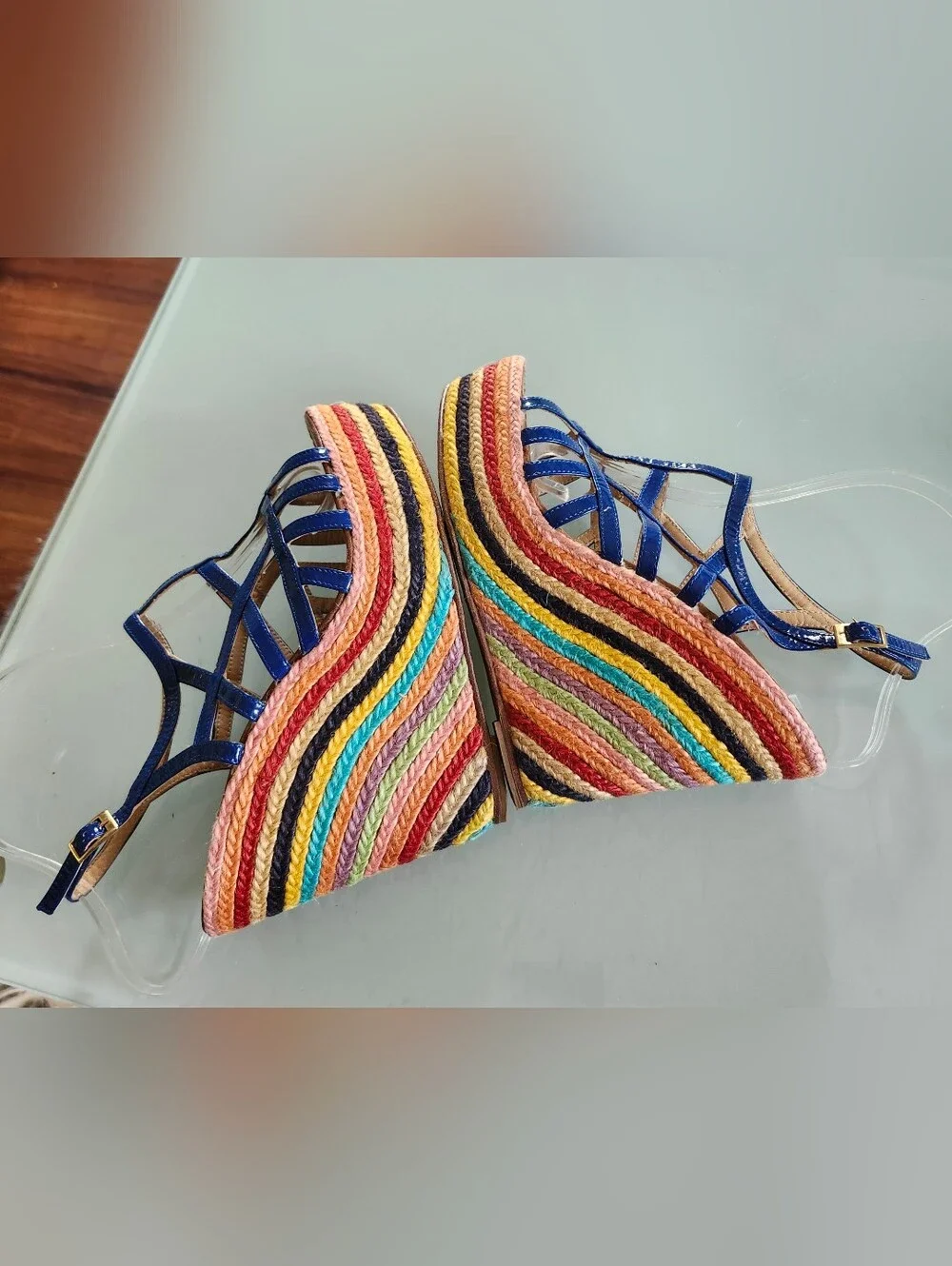 Paloma Barcelo Rainbow Espadrille Wedges Size 7.5 Boho Chic Y2K Retro 70's Disco